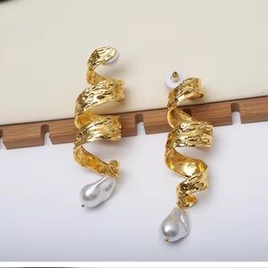 Schiaparelli Inspired Gold Spiral Earrings with Pearl Drop